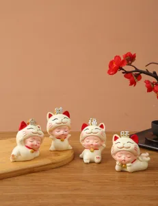 Set of four cute lucky cat baby resin figurines for car dashboard and desk decoration