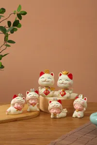 Set of cute Maneki-neko and baby cat figurines for car dashboard and home decoration