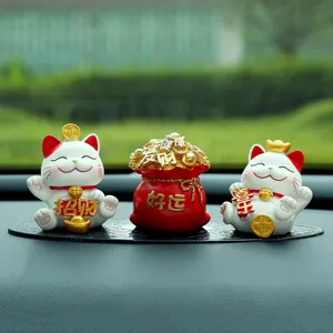 Set of three cute Chinese Lucky Cat and Fortune Bag resin ornaments for car dashboard