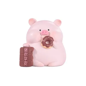Cute pink resin pig figurine holding donut and chocolate for home desk decoration.