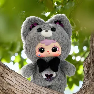 Cute Mood Gummy plush art toy doll in grey furry animal hood with a black bow tie