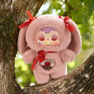 Cute pink plush bunny blind box figure with heart-shaped rose belly