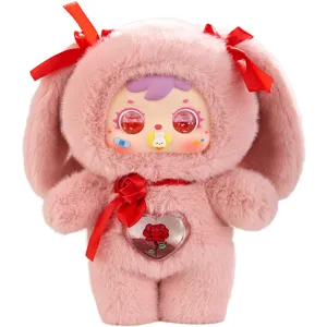 Cute pink plush bunny blind box figure with sparkly red eyes and rose heart