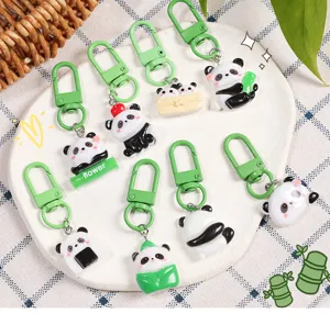 Cute cartoon panda keychains set, resin animal backpack pendants, lovely bag accessories.