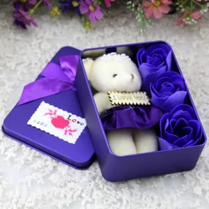 Purple soap rose gift box with white teddy bear and decorative ribbon for Valentine's Day