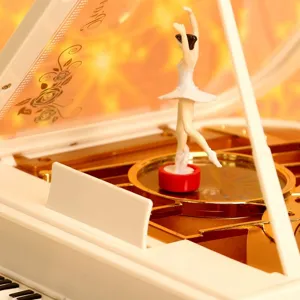 Makroansicht einer Ballerina auf einer rotierenden weißen Klavier-Spieluhr-Mechanik