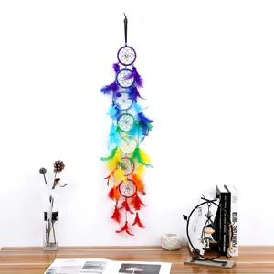 Handmade Rainbow Dream Catcher Wall Hanging Decor Bohemian Ethnic Style Polyester Colorful Feather Beads Hanging Ornament