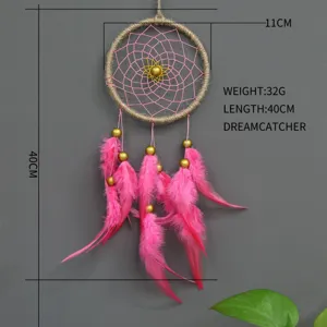 Pink handmade feather dreamcatcher wall hanging for bedroom decoration with dimensions