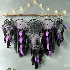 European Bohemian Iron Ring Feather Dream Catcher Wall Hanging Decor Purple Black Tassel Handmade Tapestry For Bedroom Kids Room Home Ornament