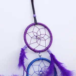 Handmade purple and blue Indian style dreamcatcher wall hanging with soft feathers
