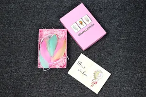 Coffret cadeau rose avec plumes colorées attrape-rêves et carte de vœux pour amis et déco.