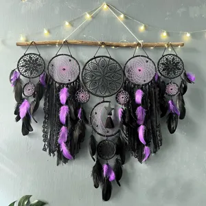 5pcs purple black feather dream catcher wall hanging decor for bedroom bohemian room aesthetic.