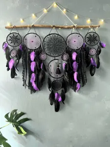 detailed view of 5pcs black and purple dream catcher wall hanging set for bedroom decor