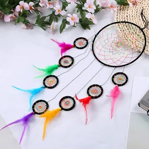 Colorful dreamcatcher hanging ornament wall decor with feathers for modern home bedroom.
