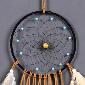 Detailed close-up of a bohemian style dreamcatcher pendant featuring delicate black web and feathers.