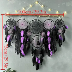 Handmade black purple dream catcher wall hanging decor set with lights 100x75cm boho room