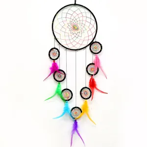 Colorful dreamcatcher wall hanging with vibrant feathers and multi hoops for modern home decor.