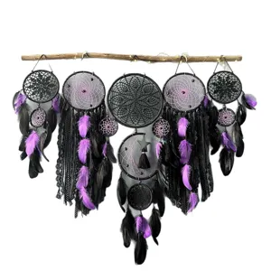 Black purple dream catcher wall hanging 5pcs set handmade feather lace bedroom boho decor
