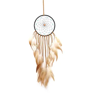 Bohemian brown feather dream catcher hanging wall decor, handmade native style craft.