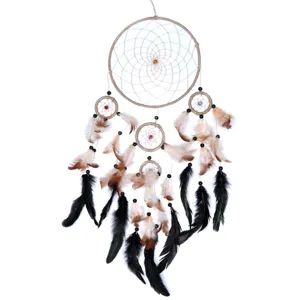 Handmade multi-ring dream catcher wall hanging with feathers and beads for home decor.