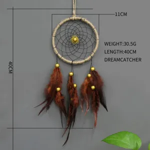 Detailed view of handmade Indian style dreamcatcher with brown feathers and beads