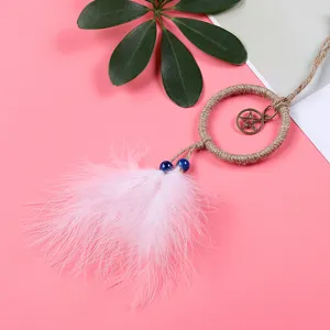 Handmade mini dreamcatcher car hanging pendant with white feathers and pentagram charm.