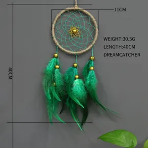 Green feather dreamcatcher detail view with 11cm diameter and 40cm length dimensions