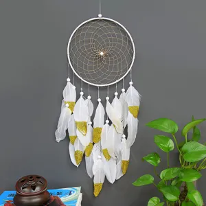 Indian style white dream catcher hanging decor with gold glitter feathers for home and office.
