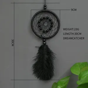 Atrapasueños negro de plumas con cuentas colgante de pared decorativo, longitud 30 cm
