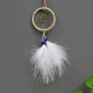 Close-up detail of the mini handmade dream catcher featuring white feathers, blue beads, and star.