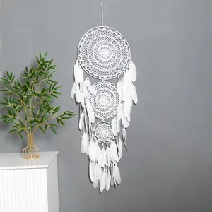 Bohemian Large White Dream Catcher Handmade Woven Iron Ring Wall Hanging Decor With Feathers Wood Beads For Home Wedding Ornament