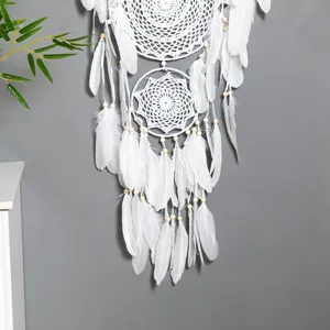 Bohemian large white dream catcher handmade woven feather wall hanging decor for home wedding.
