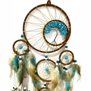 Detail view of Bohemian Tree of Life dreamcatcher with turquoise stones and feathers
