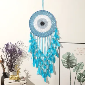 Blauer Traumfänger mit Federn Detail, böhmischer Stil Wandbehang für Schlafzimmer Deko.