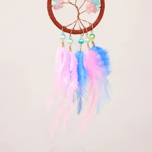 Ornamento per auto albero della vita in cristallo con piume colorate e perle di pietra.