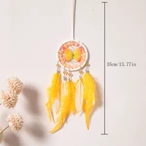 Handmade yellow feather dream catcher hanging ornament for car interior and home decor