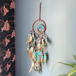 Bohemian Sun Tree of Life dreamcatcher wall hanging with blue feathers and beads