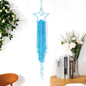 Blaue Makramee Stern Wandbehang, handgemachte Baumwollseil Deko für Boho Raum Wandkunst.