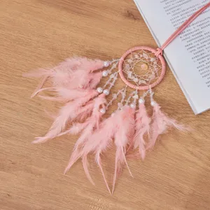 Pink feather dream catcher car pendant with natural stones and white pearls decoration
