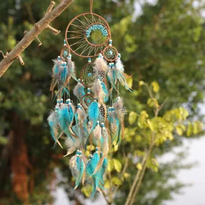 Bohemian dreamcatcher hanging on tree branch with teal and grey feathers and stones.