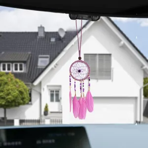 Beautiful handmade purple dreamcatcher car mirror hanging ornament with feathers and beads