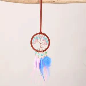 Minimalista Albero della Vita Ornamento Appeso Auto Fatto a Mano Pietra Naturale Frammenti di Cristallo Plastica Acchiappasogni con Nappa di Piume Pendente Auto Decorazione Casa
