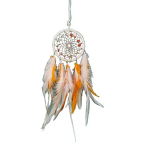 Handmade boho dreamcatcher car hanging ornament with orange feathers and natural stones