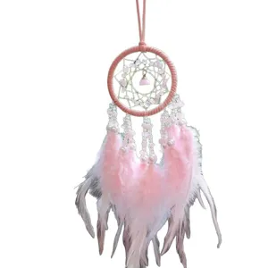 Pink crystal stone dream catcher car hanging ornament with feathers and pearls for auto decor.
