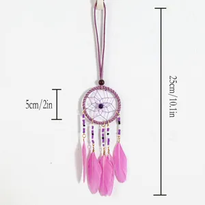 Ethnic style purple dreamcatcher pendant with pink feathers and rice beads detail