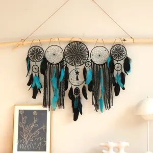 Attrape-rêves mural noir et turquoise fait main avec plumes, superbe décoration intérieure.