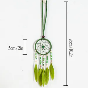 Close-up detail of ethnic style green feather dreamcatcher necklace with dimensions shown