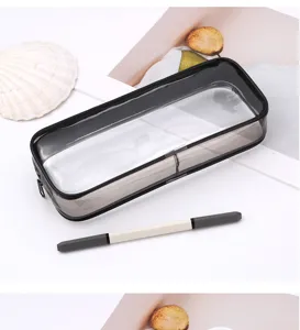 Clear transparent pencil case detail view, minimalist large capacity stationery storage pouch.