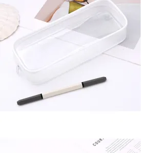 Transparent white pencil case detail view, showing clean minimalist design and large capacity storage.