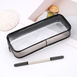 Transparent pencil case with black trim large capacity clear stationery pouch for school.
